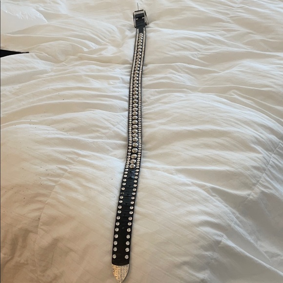 Black Leather Silver Rhinestone Belt Silver Buckle - Picture 5 of 9